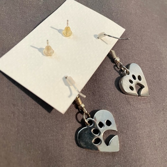 Love Your Dog Pair of 2 Earrings, Studs w Dog & Dangling Silver Heart Paw Prints - Picture 5 of 6